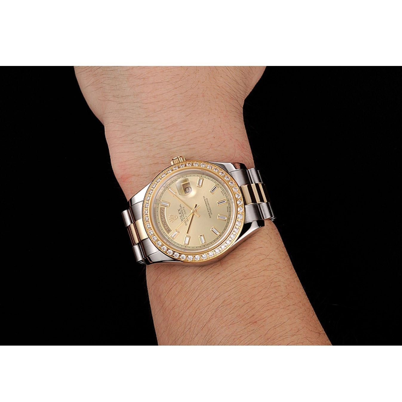 Aaa replica watch Day-Date Swiss Bracelet Dial Two Rolex Bezel 1454103 Tone Champagne Diamond 0607